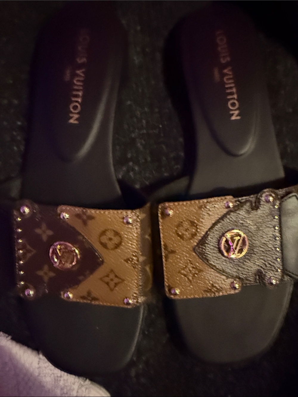 Louis Vuitton Brown Monogram Studded Slide Mules